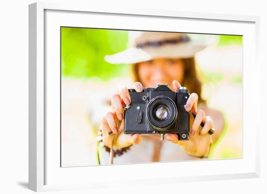 Happy Young Girl With Camera Outdoors-chesterf-Framed Art Print