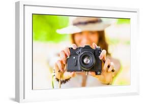 Happy Young Girl With Camera Outdoors-chesterf-Framed Art Print