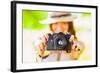Happy Young Girl With Camera Outdoors-chesterf-Framed Art Print