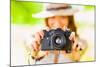 Happy Young Girl With Camera Outdoors-chesterf-Mounted Art Print