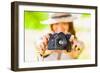Happy Young Girl With Camera Outdoors-chesterf-Framed Premium Giclee Print