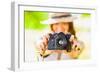 Happy Young Girl With Camera Outdoors-chesterf-Framed Premium Giclee Print