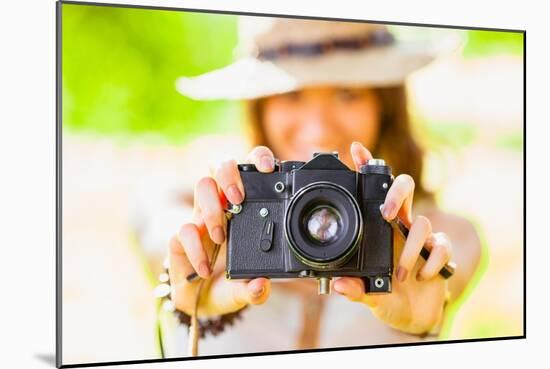 Happy Young Girl With Camera Outdoors-chesterf-Mounted Premium Giclee Print