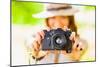 Happy Young Girl With Camera Outdoors-chesterf-Mounted Premium Giclee Print