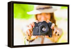 Happy Young Girl With Camera Outdoors-chesterf-Framed Stretched Canvas