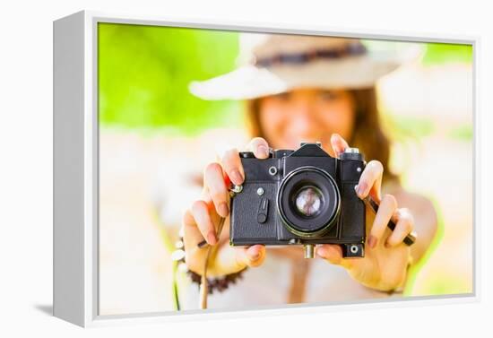 Happy Young Girl With Camera Outdoors-chesterf-Framed Stretched Canvas