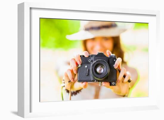 Happy Young Girl With Camera Outdoors-chesterf-Framed Art Print