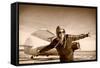 Happy Young Woman with Raised Hands  Flying on Airporte, Sepia Photo.-Aleksandar Todorovic-Framed Stretched Canvas