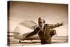 Happy Young Woman with Raised Hands  Flying on Airporte, Sepia Photo.-Aleksandar Todorovic-Stretched Canvas