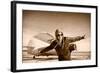 Happy Young Woman with Raised Hands  Flying on Airporte, Sepia Photo.-Aleksandar Todorovic-Framed Art Print