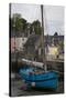 Harbor of St. Goustin on the River Auray in Brittany, Blue Sailboat-Mallorie Ostrowitz-Stretched Canvas