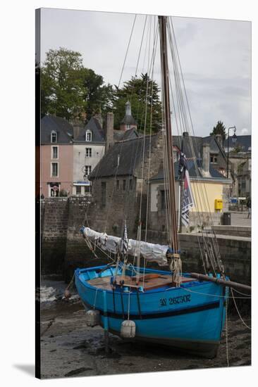 Harbor of St. Goustin on the River Auray in Brittany, Blue Sailboat-Mallorie Ostrowitz-Stretched Canvas