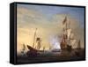 Harbor Scene: an English Ship with Sails Loosened Firing a Gun-Peter Monamy-Framed Stretched Canvas