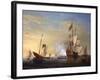 Harbor Scene: an English Ship with Sails Loosened Firing a Gun-Peter Monamy-Framed Giclee Print