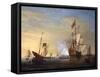 Harbor Scene: an English Ship with Sails Loosened Firing a Gun-Peter Monamy-Framed Stretched Canvas