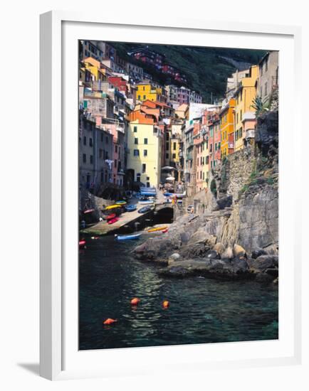 Harbor View of Hillside Town of Riomaggiore, Cinque Terre, Italy-Julie Eggers-Framed Premium Photographic Print