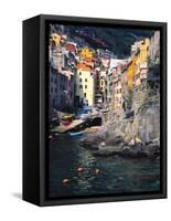 Harbor View of Hillside Town of Riomaggiore, Cinque Terre, Italy-Julie Eggers-Framed Stretched Canvas