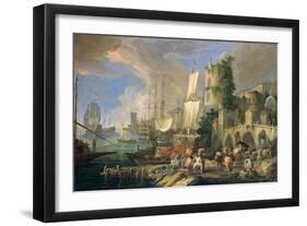 Harbor View with Bridge and Tower, and Ships, 1713-Luca Carlevaris-Framed Art Print