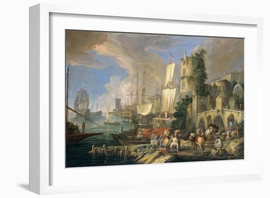 Harbor View with Bridge and Tower, and Ships, 1713-Luca Carlevaris-Framed Art Print