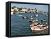 Harbour and Fishing Boats With Houses and Church in the Background, Barfleur, Normandy, France-Guy Thouvenin-Framed Stretched Canvas