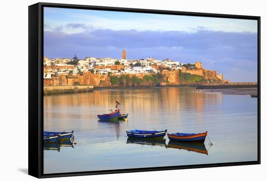 Harbour and Fishing Boats with Oudaia Kasbah and Coastline in Background, Rabat, Morocco-Neil Farrin-Framed Stretched Canvas