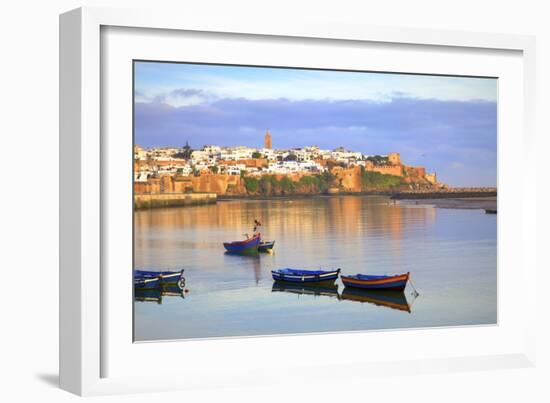 Harbour and Fishing Boats with Oudaia Kasbah and Coastline in Background, Rabat, Morocco-Neil Farrin-Framed Photographic Print