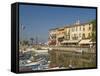 Harbour and Waterfront Cafes, Lazise, Lake Garda, Veneto, Italian Lakes, Italy, Europe-James Emmerson-Framed Stretched Canvas