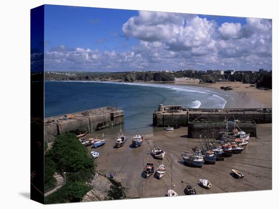 Harbour at Low Tide with Town Beach Beyond, Newquay, Cornwall, England, United Kingdom-Julian Pottage-Stretched Canvas