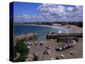 Harbour at Low Tide with Town Beach Beyond, Newquay, Cornwall, England, United Kingdom-Julian Pottage-Stretched Canvas