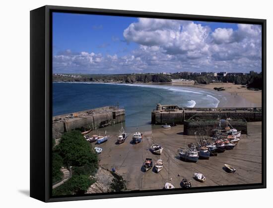 Harbour at Low Tide with Town Beach Beyond, Newquay, Cornwall, England, United Kingdom-Julian Pottage-Framed Stretched Canvas