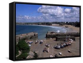 Harbour at Low Tide with Town Beach Beyond, Newquay, Cornwall, England, United Kingdom-Julian Pottage-Framed Stretched Canvas