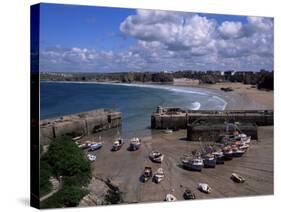 Harbour at Low Tide with Town Beach Beyond, Newquay, Cornwall, England, United Kingdom-Julian Pottage-Stretched Canvas