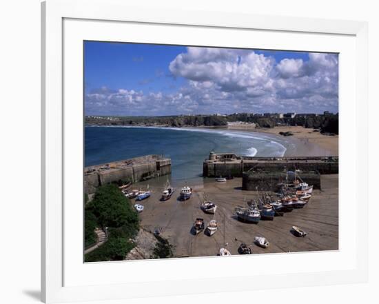 Harbour at Low Tide with Town Beach Beyond, Newquay, Cornwall, England, United Kingdom-Julian Pottage-Framed Photographic Print