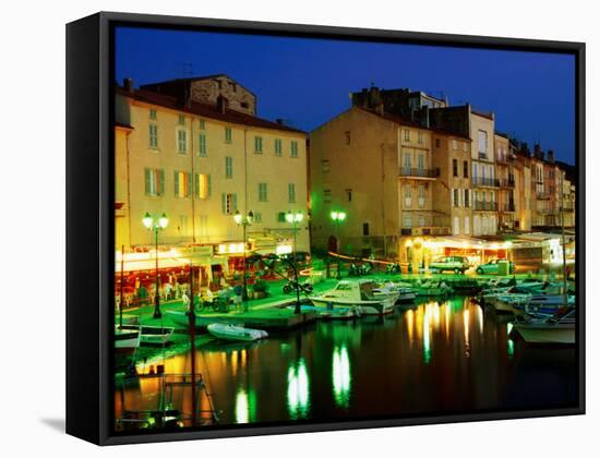 Harbour at Night with Buildings Along Quais Frederic Mistral and Jean Jaures, St. Tropez, France-Barbara Van Zanten-Framed Stretched Canvas