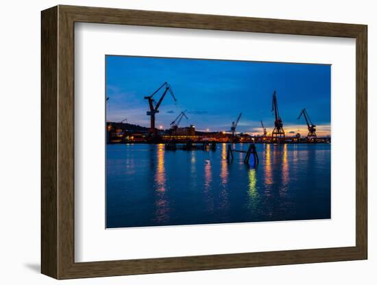 Harbour cranes at dusk, Gothenburg, province of Västra Götalands län, Swede-Andrea Lang-Framed Photographic Print