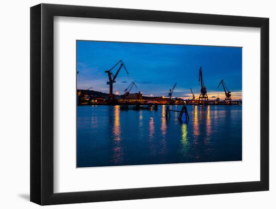 Harbour cranes at dusk, Gothenburg, province of Västra Götalands län, Swede-Andrea Lang-Framed Photographic Print