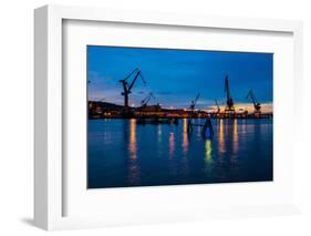 Harbour cranes at dusk, Gothenburg, province of Västra Götalands län, Swede-Andrea Lang-Framed Photographic Print