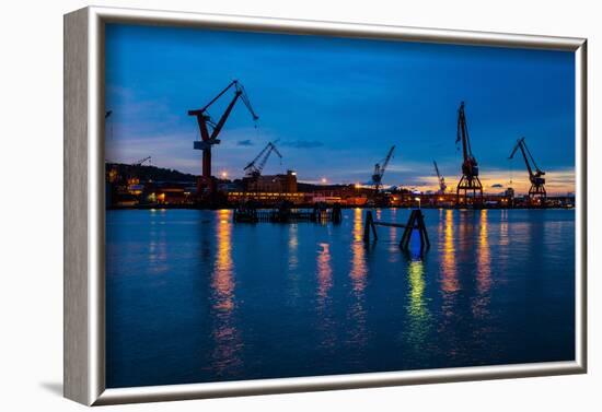 Harbour cranes at dusk, Gothenburg, province of Västra Götalands län, Swede-Andrea Lang-Framed Photographic Print