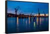 Harbour cranes at dusk, Gothenburg, province of Västra Götalands län, Swede-Andrea Lang-Framed Stretched Canvas