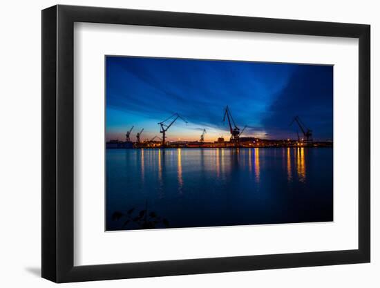 Harbour cranes at dusk, Gothenburg, province of Västra Götalands län, Sweden-Andrea Lang-Framed Photographic Print