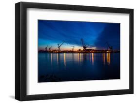 Harbour cranes at dusk, Gothenburg, province of Västra Götalands län, Sweden-Andrea Lang-Framed Photographic Print