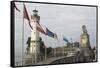 Harbour Entrance with Lighthouse and Lion, Lindau, Lake Constance, Germany-James Emmerson-Framed Stretched Canvas