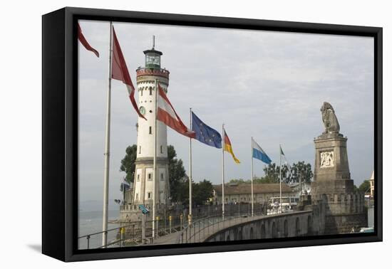 Harbour Entrance with Lighthouse and Lion, Lindau, Lake Constance, Germany-James Emmerson-Framed Stretched Canvas