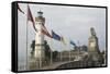 Harbour Entrance with Lighthouse and Lion, Lindau, Lake Constance, Germany-James Emmerson-Framed Stretched Canvas