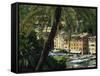 Harbour from Hillside, Palm-Tree in Foreground, Portofino, Portofino Peninsula, Liguria, Italy-Tomlinson Ruth-Framed Stretched Canvas