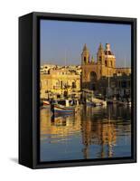 Harbour with Luzzu Fishing Boats and Marsaxlokk Parish Church at Sunrise, Marsaxlokk, Malta, Medite-Stuart Black-Framed Stretched Canvas