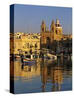 Harbour with Luzzu Fishing Boats and Marsaxlokk Parish Church at Sunrise, Marsaxlokk, Malta, Medite-Stuart Black-Stretched Canvas