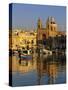 Harbour with Luzzu Fishing Boats and Marsaxlokk Parish Church at Sunrise, Marsaxlokk, Malta, Medite-Stuart Black-Stretched Canvas