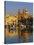 Harbour with Luzzu Fishing Boats and Marsaxlokk Parish Church at Sunrise, Marsaxlokk, Malta, Medite-Stuart Black-Stretched Canvas