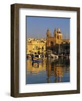 Harbour with Luzzu Fishing Boats and Marsaxlokk Parish Church at Sunrise, Marsaxlokk, Malta, Medite-Stuart Black-Framed Photographic Print